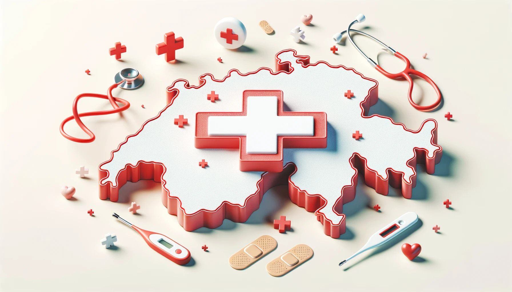 Fun illustration of Switzerland's map in soft white with red borders. A large red cross stands at the center. Whimsical healthtech icons, such as a stethoscope, thermometer, and band-aid, are scattered playfully around, giving a friendly healthcare vibe.