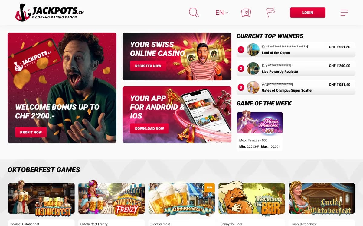 Homepage di Jackpots.ch, catturata il 6 ottobre 2026