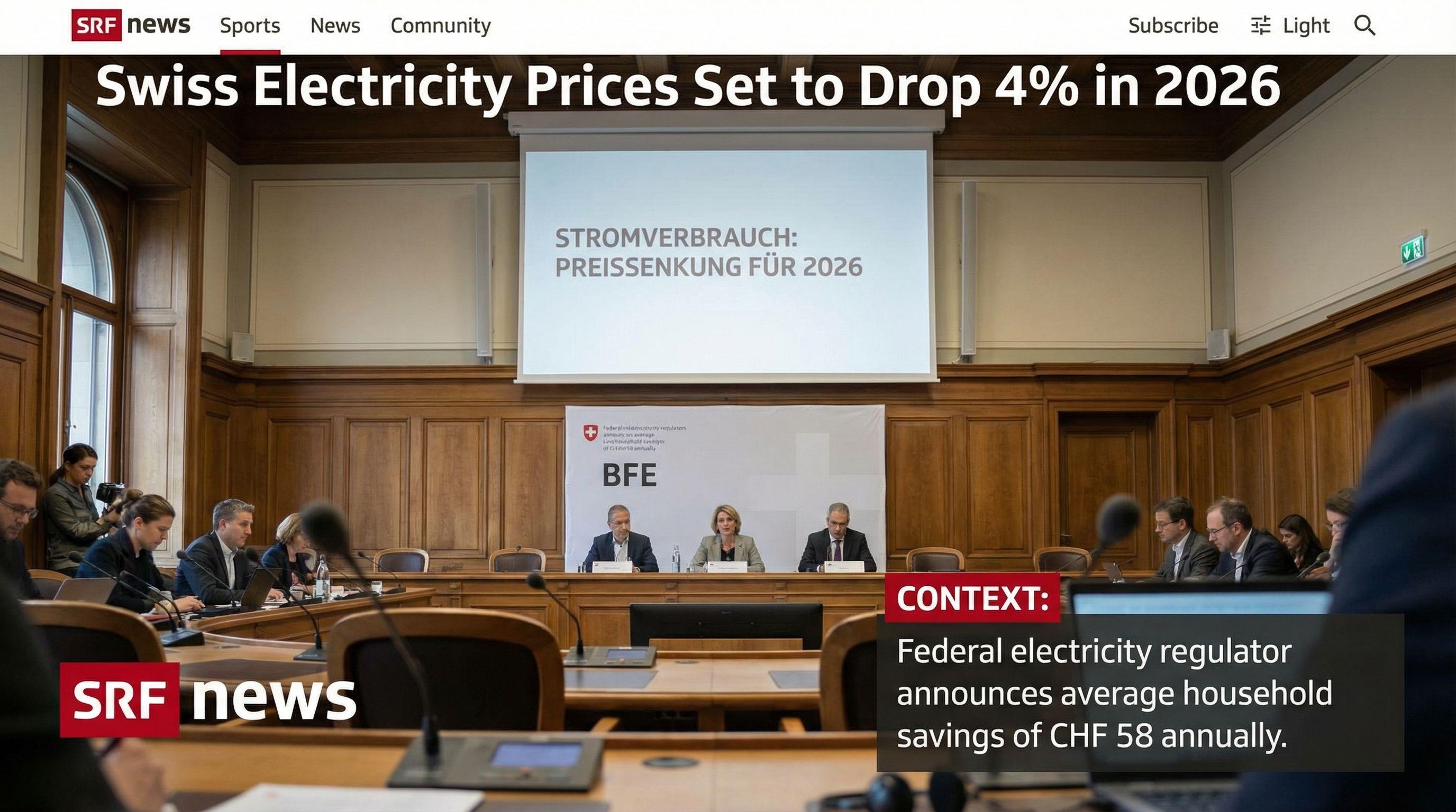 Swiss Electricity Prices Set to Drop 4% in 2026