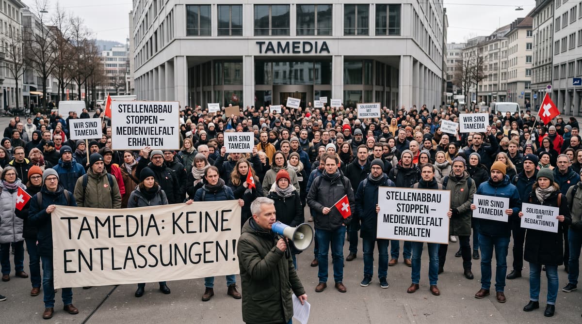 Tamedia staff rally in Zurich against planned redundancies