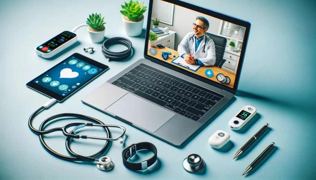 Fun depiction of a laptop showcasing a virtual consultation between a doctor and patient. The laptop is placed on a table with various remote monitoring devices like a pulse oximeter, smart health bracelet, and digital stethoscope. The setup illustrates the blend of telemedicine and remote patient monitoring.