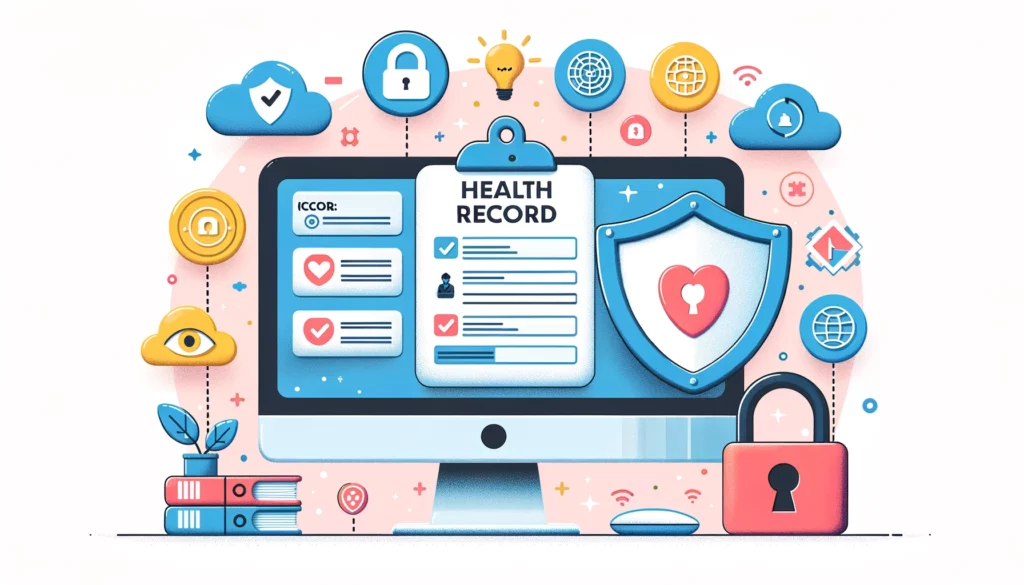Playful illustration of a computer monitor displaying a patient's electronic health record. Beside the monitor stands a tall shield with a padlock, signifying data security. Scattered around are cute icons representing encryption, secure cloud storage, and biometric verification, highlighting the blend of health records and data protection.