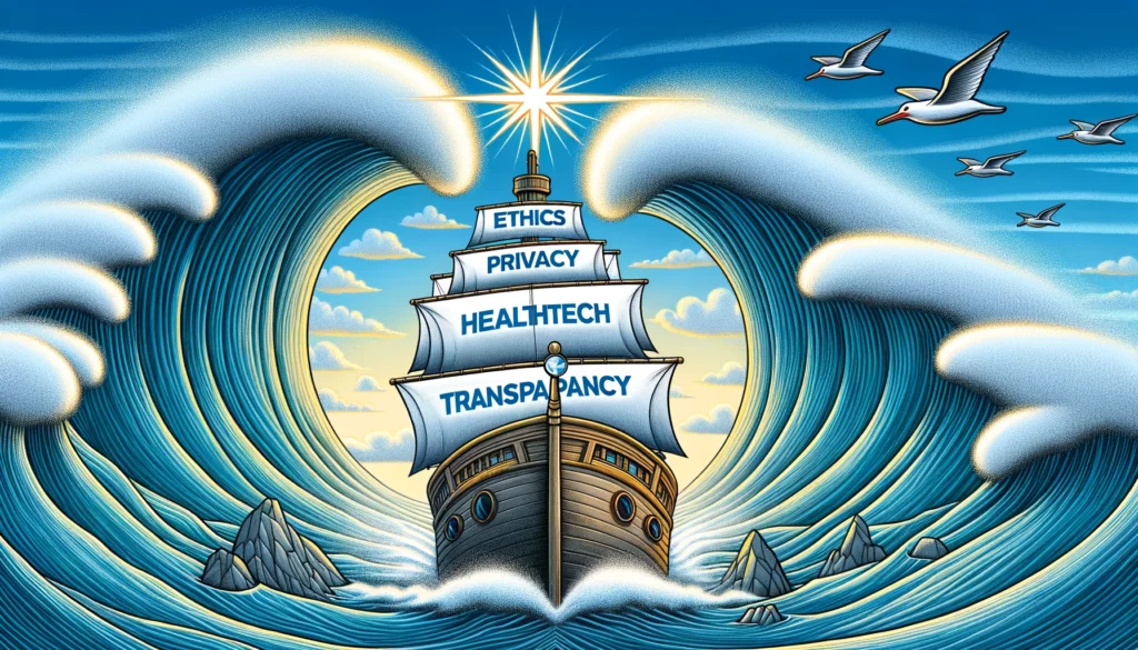 Illustration of a ship named 'Healthtech' navigating through turbulent waters with large waves labeled 'Ethics', 'Privacy', and 'Transparency'. The ship's captain, representing a healthcare leader, uses a guiding star labeled 'Integrity' to chart the course, highlighting the ethical challenges in healthtech adoption.