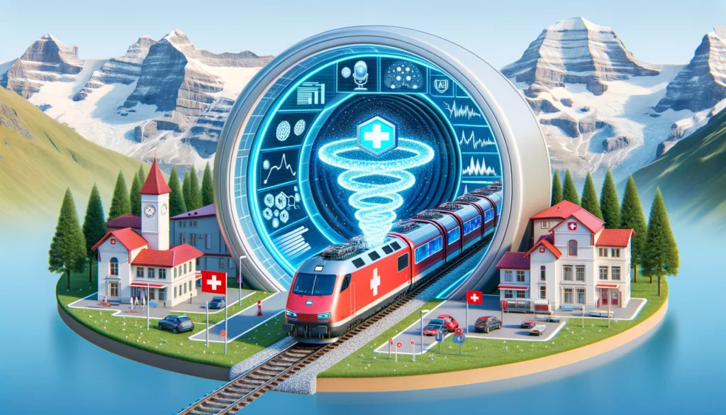 Fun representation of a Swiss mountain train journeying through a digital tunnel. Inside the tunnel, there are holographic displays of AI algorithms, data charts, and machine learning processes. Outside, healthcare facilities dot the landscape, indicating the transformative journey of AI and ML in Swiss healthcare.